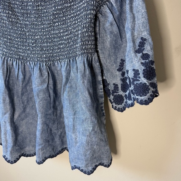 Michael Stars Denim Off Shoulder Rouched Top Embroidered Detail - Picture 2 of 6